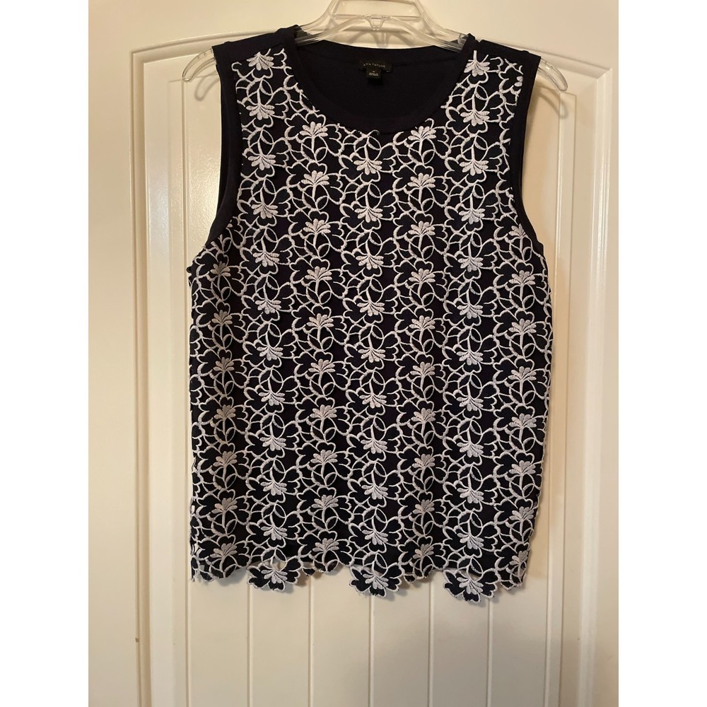 Ann Taylor Navy and White Sleeveless Top with Embroidered Lace Overlay Medium